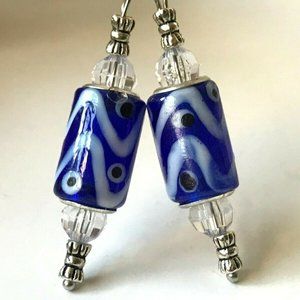 Silver Murano Art Glass Bead Earrings Blue White Cylinder Beads Dangle Plated